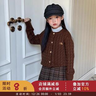 女童冬季咖色麻花毛衣儿童韩版洋气加厚保暖针织衫宝宝外套