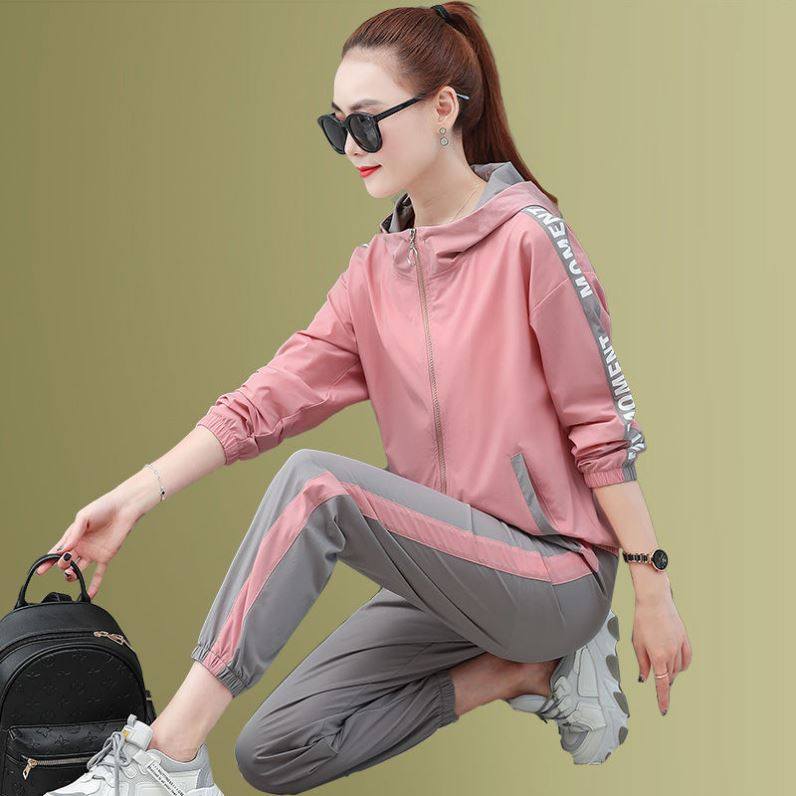 名牌运动服套装女春秋防风防晒跑步服韩版宽松时尚洋气休闲两件套