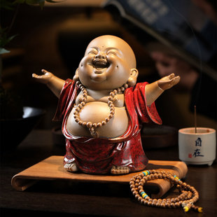 中式禅意喜迎天下笑佛摆件陶瓷弥勒佛客厅玄关装饰品乔迁开业礼物