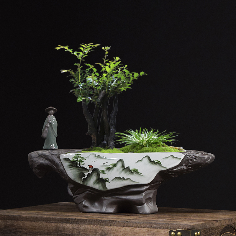 新中式紫砂花盆大号简约文竹榕树榆树陶瓷蝴蝶兰盆绿植侍女造景盆