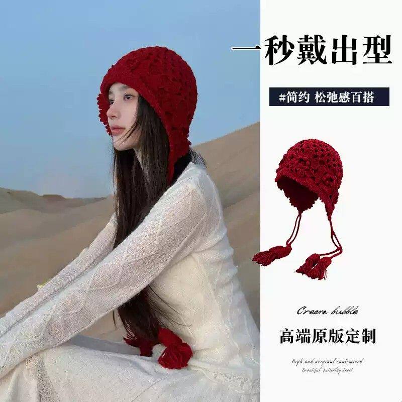手工钩花帽子女秋冬复古花朵镂空针织帽出游拍照套头毛线帽厂家