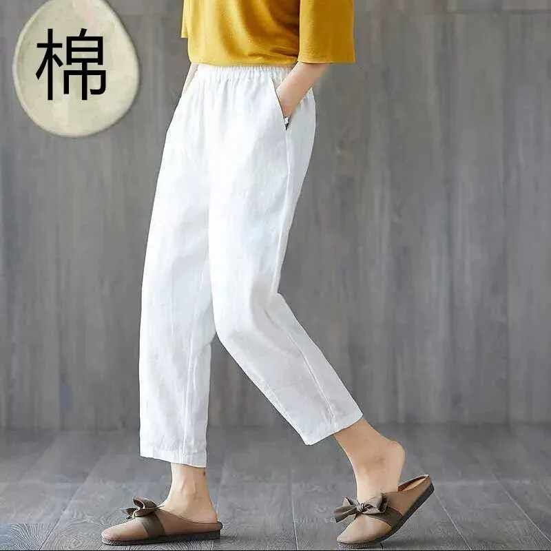 特价棉麻九分哈伦裤文艺纯色宽松口袋显瘦萝卜裤百搭女亚麻休闲裤