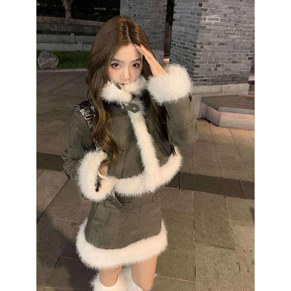 冬野辣妹  毛毛拼接外套短款上衣高腰半身裙短裙两件套装女装秋冬