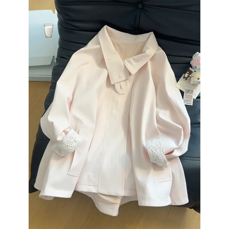 甜美少女感粉色立领风衣女秋冬