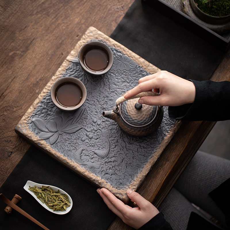粗陶鎏金蓄水茶盘陶瓷家用干泡茶台功夫茶具茶海排水托盘圆形壶承