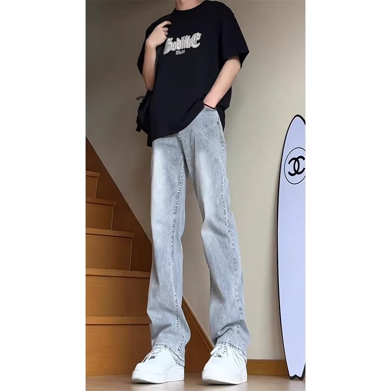 烟灰色窄版直筒弹力牛仔裤男款春秋美式高街修身微喇弯刀男生裤子