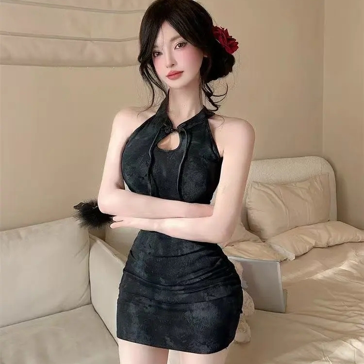 夏季中式国风年轻改良无袖旗袍短款紧身收腰连衣裙直播女主播衣服