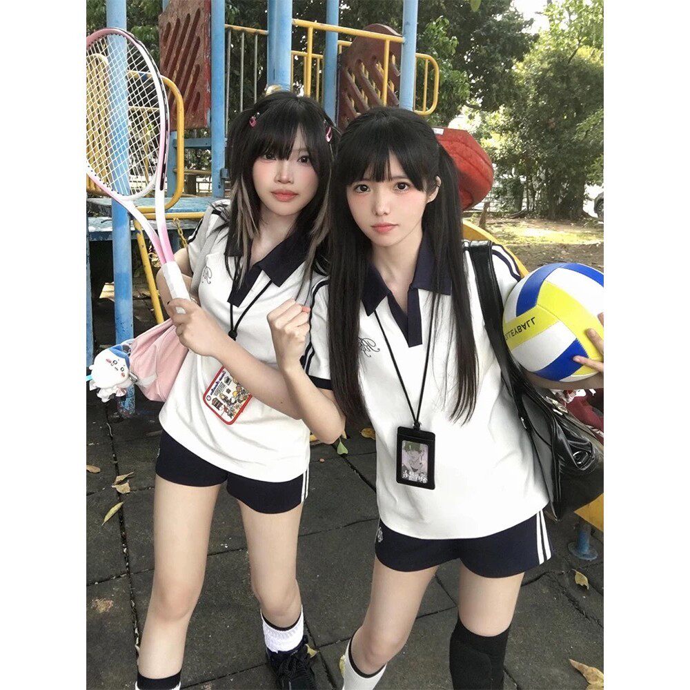 JK制服学院风穿搭套装女夏季日系polo短袖上衣休闲运动短裤一整套