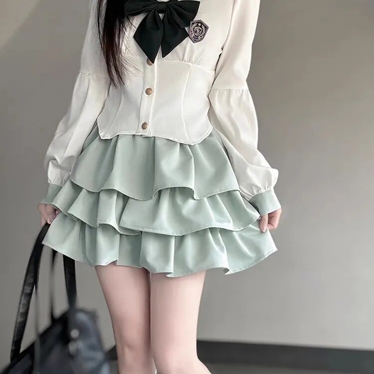 布丁熊原创jk制服蛋糕裙学院风日系水手服海军领长袖制服显瘦套装