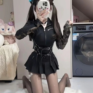 辣妹连衣裙显瘦长袖 裙子 性感黑色朋克设计修身 小众暗黑风短款