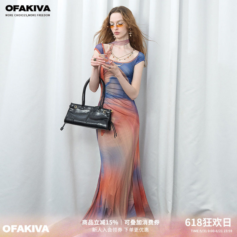 【现货】OfAkiva “巨星出逃”落日油画印花连衣裙女夏碎花裙