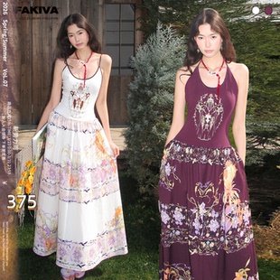 OfAkiva 原创印花刺绣吊带连衣裙女针织拼接度假伞摆长裙 紫堇