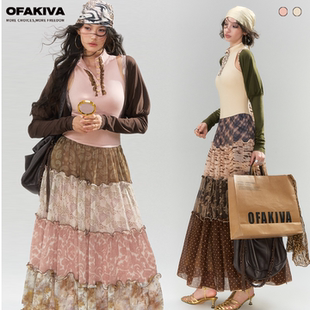 OfAkiva“野采故事”波西米亚亨利领连衣裙女针织雪纺拼接印花裙