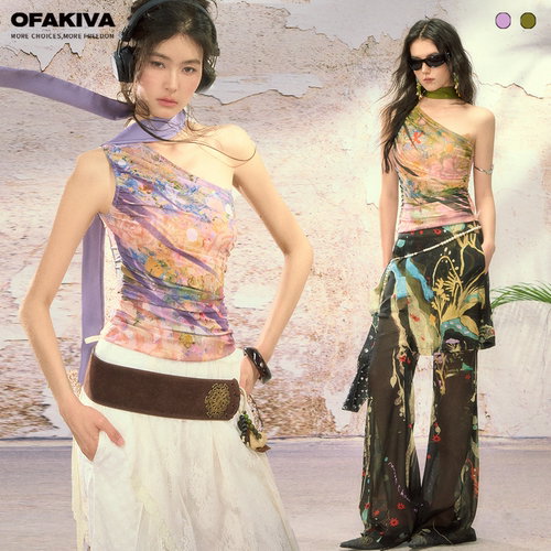 OfAkiva 新中式油画晕染斜肩网纱氛围感上衣无袖辣妹背心