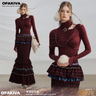【现货】OfAkiva“野杜鹃”不对称褶皱羊毛针织衫女扭结设计上衣