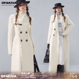 银色松柏 OfAkiva 60羊毛呢外套女复古金属扣毛边外套 现货