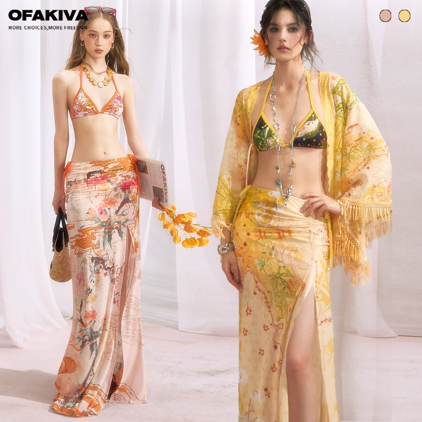OfAkiva&ldquo;墨云策野&rdquo;云间花信水墨雨林热带花卉三角杯印花比基尼