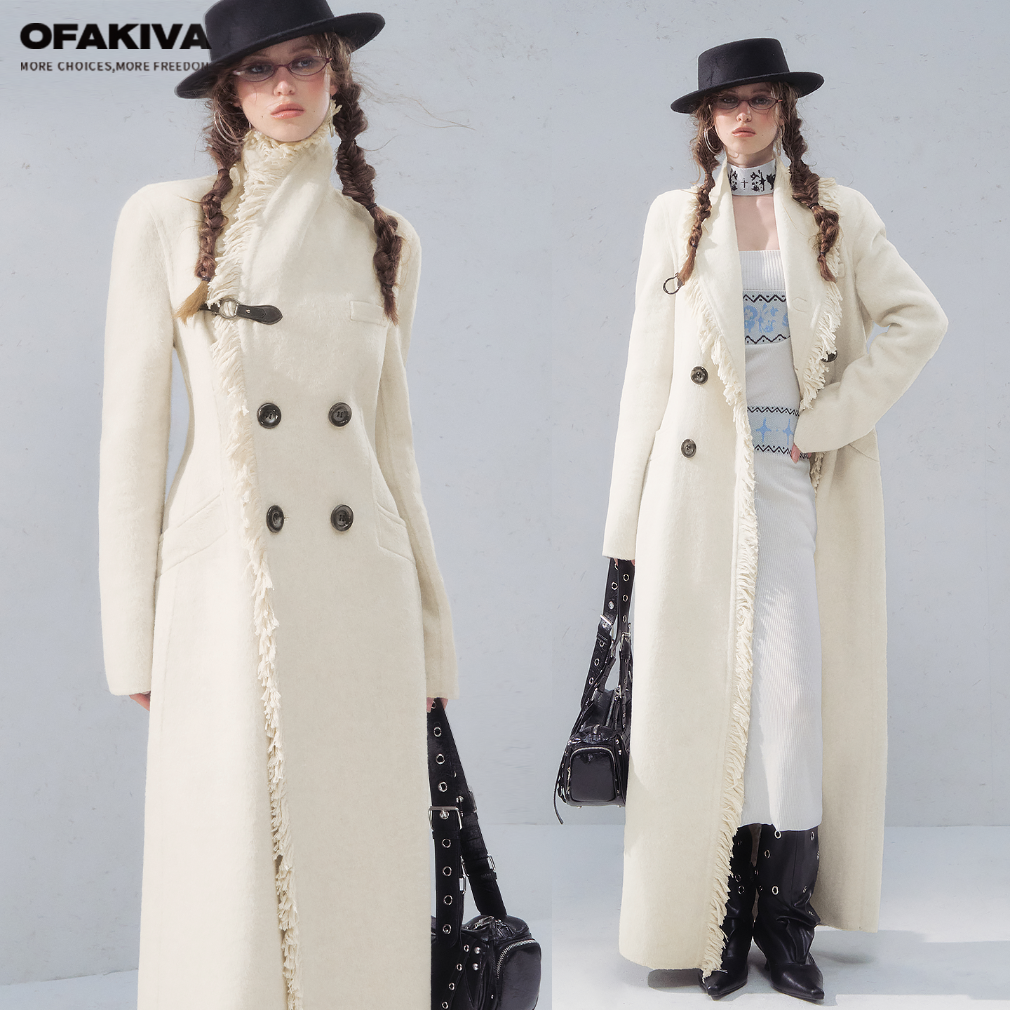 OfAkiva“银色松柏”60羊毛呢外套女复古金属扣毛边设计长款外套