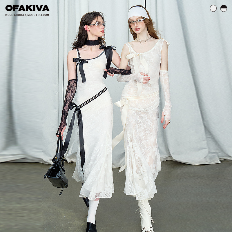 【微瑕福利】OfAkiva“改约情人”可拆卸蝴蝶结重工蕾丝拼接长裙