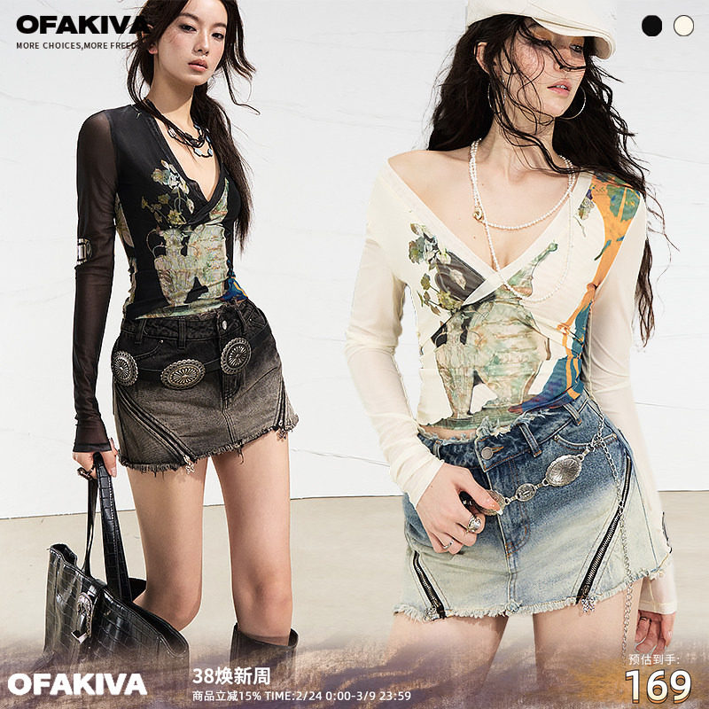 OfAkiva“图兰朵”深V领分割原创新中式花瓶印花打底衫