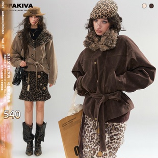 OfAkiva“萨芙”美拉德防麂皮棉服女毛领腰带收腰加厚夹克短外套