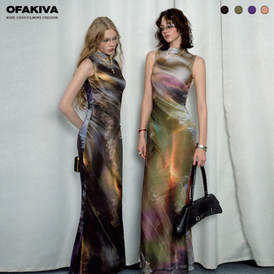 OfAkiva“虞美人”鎏金岁月光晕印花旗袍连衣裙女针织裙