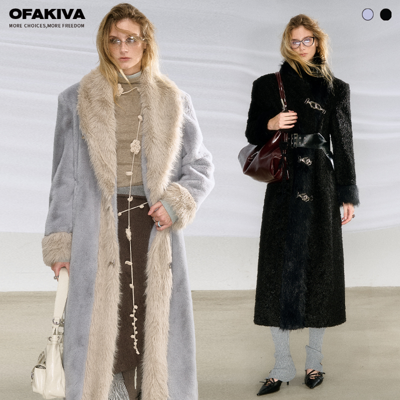 OfAkiva“智性范本”长毛拼接氛围感毛呢外套女冬中长款保暖大衣