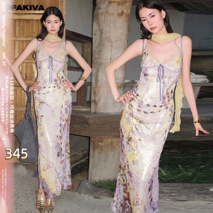OfAkiva“水色烟霞”法式油画碎花吊带连衣裙女夏季度假风长裙子