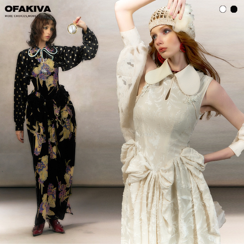 OfAkiva“花舌秘境”新中式丝绒连衣裙女花卉印花花苞裙披肩套装