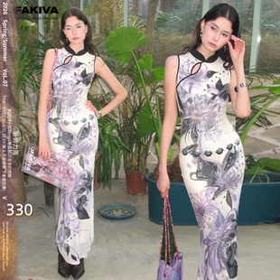 旗袍连衣裙女无袖 新中式 前后两穿收腰鱼尾长裙 紫曼园 OfAkiva