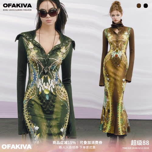 OfAkiva“如是”原创设计骨头印花连衣裙女长袖高领针织鱼尾长裙