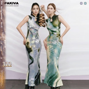 OfAkiva 印象派原创印花旗袍连衣裙女高腰显瘦鱼尾长裙 黑蔷薇