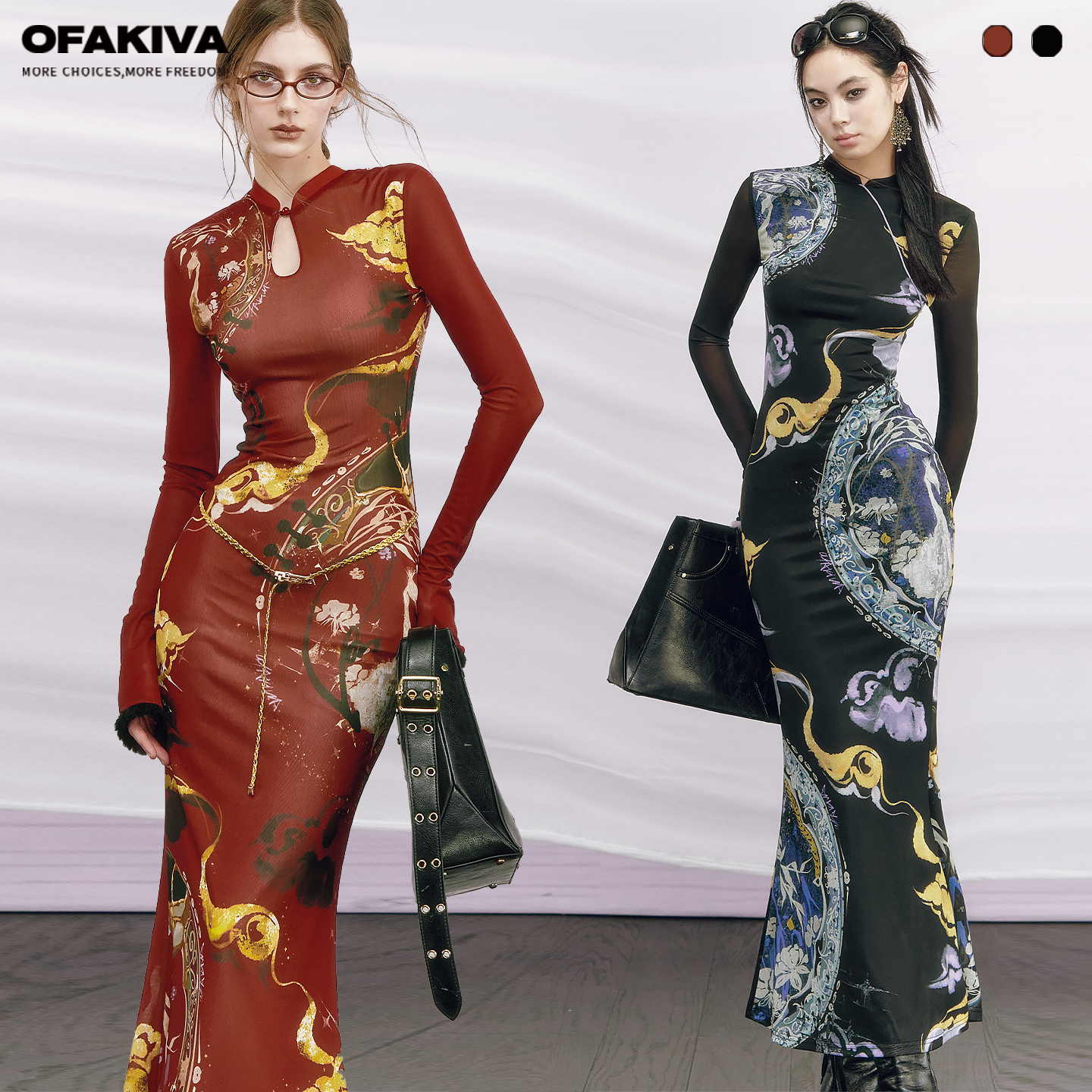 OfAkiva“烈焰星宿”原创手绘印花前后两穿新中式旗袍鱼尾连衣裙