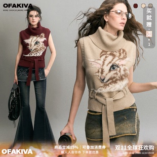 OfAkiva“予独”复古印花毛衣女堆堆领小飞袖小羊图案背心上衣