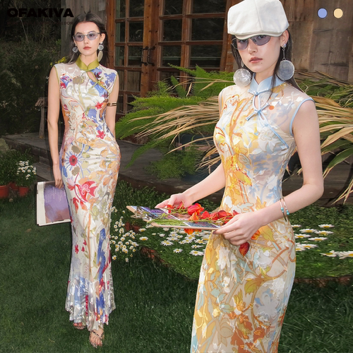 OfAkiva“茉莉与洋甘”新中式旗袍裙女烧花丝绒花卉印花鱼尾裙