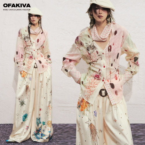 OfAkiva“荷鲁斯”手绘水彩猫咪印花衬衫女波点领巾系带收腰衬衣