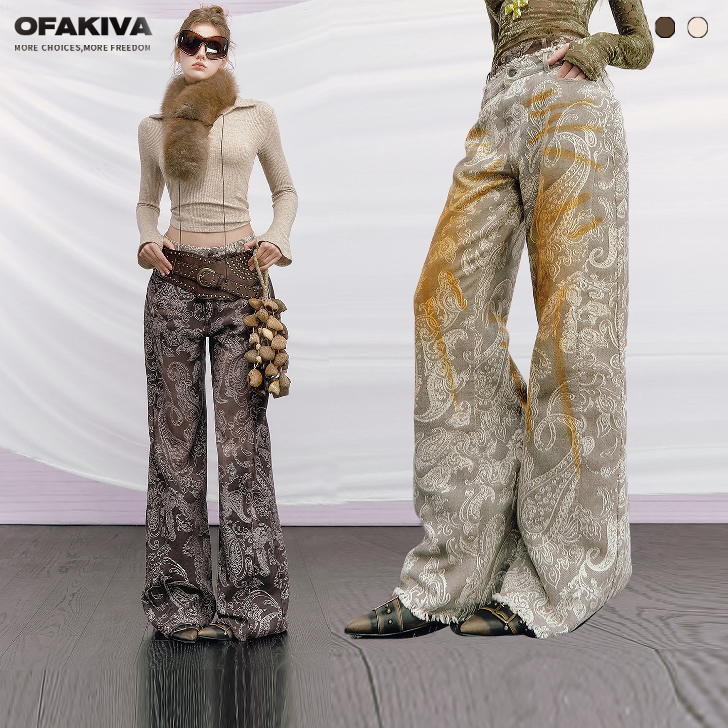【李梦同款】OfAkiva“微醺巴洛克”腰果花双腰头毛边洗水牛仔裤图片