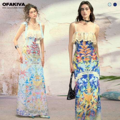 OfAkiva“日光拂晓”绣花棉感蕾丝拼接浪漫镂空塔罗牌印花连衣裙