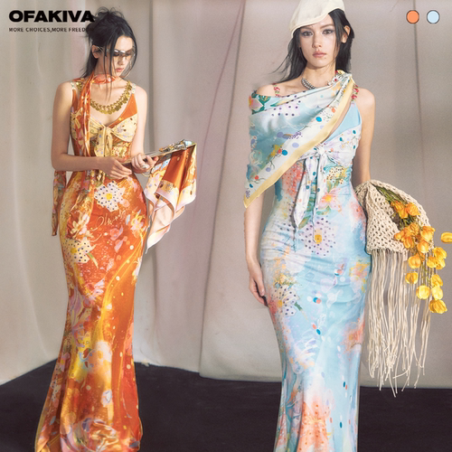 OfAkiva“兰波”度假风印花吊带连衣裙女夏季V领系带拼接包臀裙
