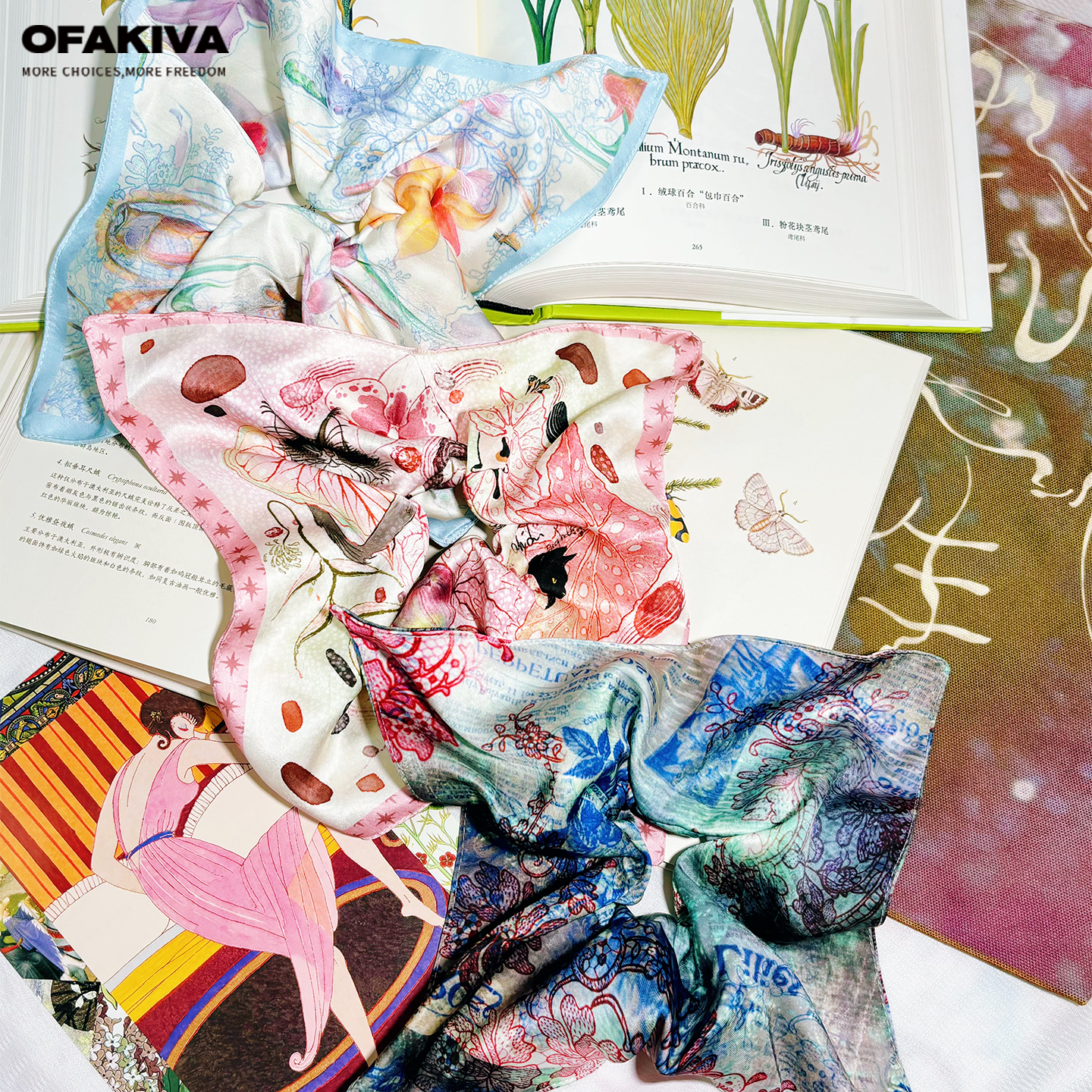 OfAkiva“宁作她”南法仙桃原创印花撞色蕾丝拼接方巾发圈 - 实物图