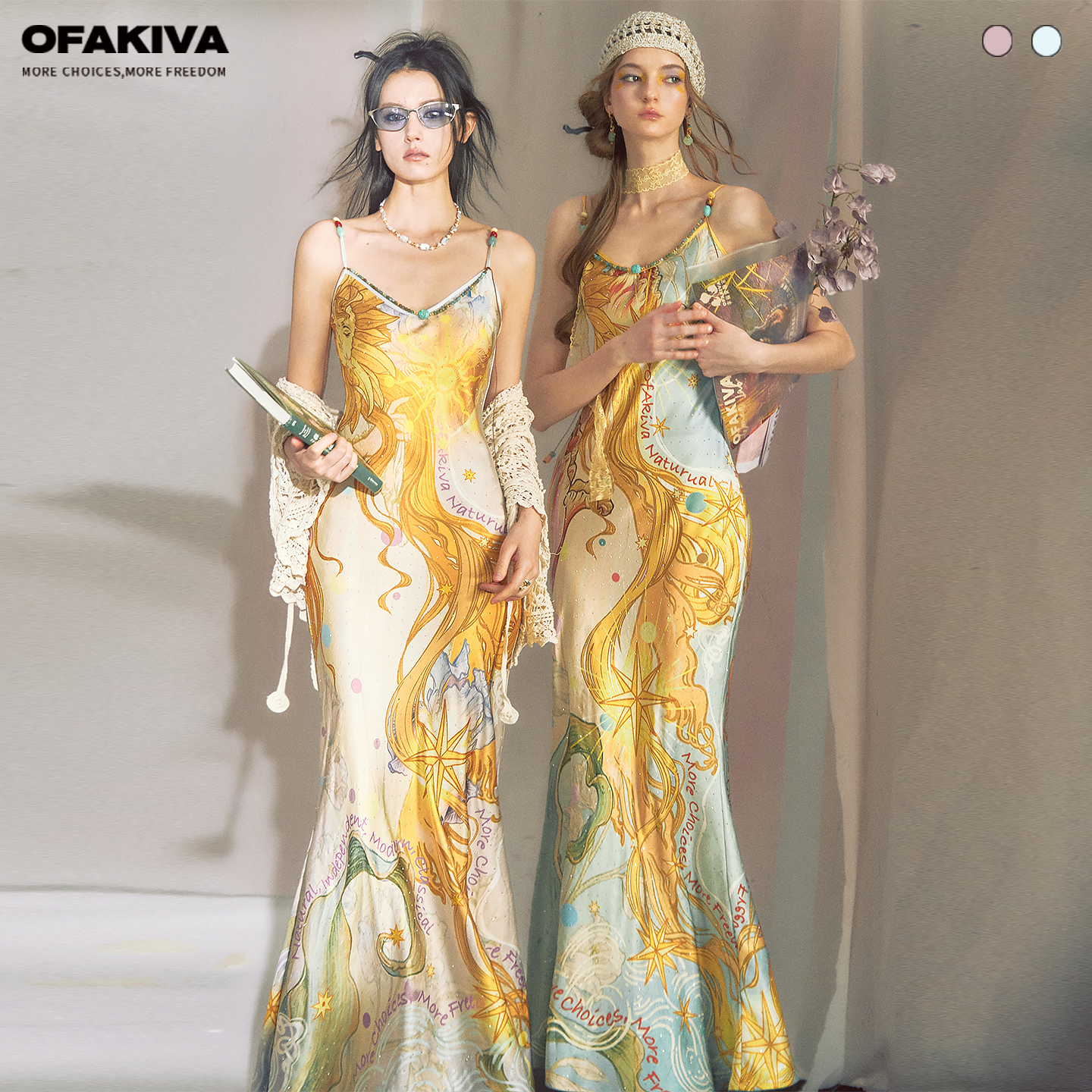 OfAkiva“桑德罗”闪耀烫钻神秘主义印花串珠连衣裙女V领吊带长裙