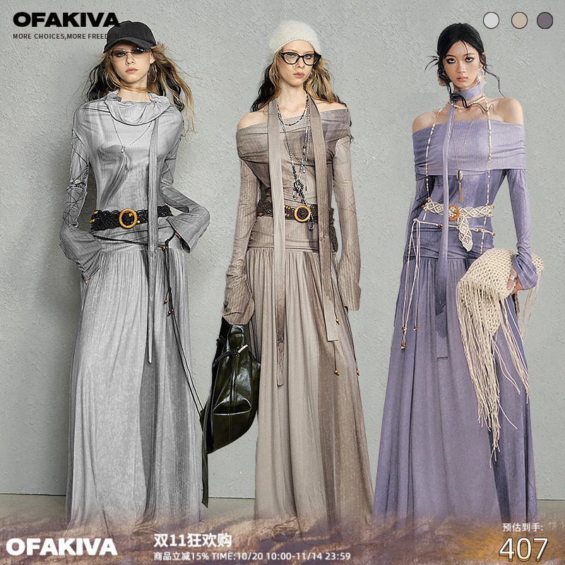 OfAkiva“月夜浮华”修容感印花连衣裙女一字肩长袖针织连衣裙
