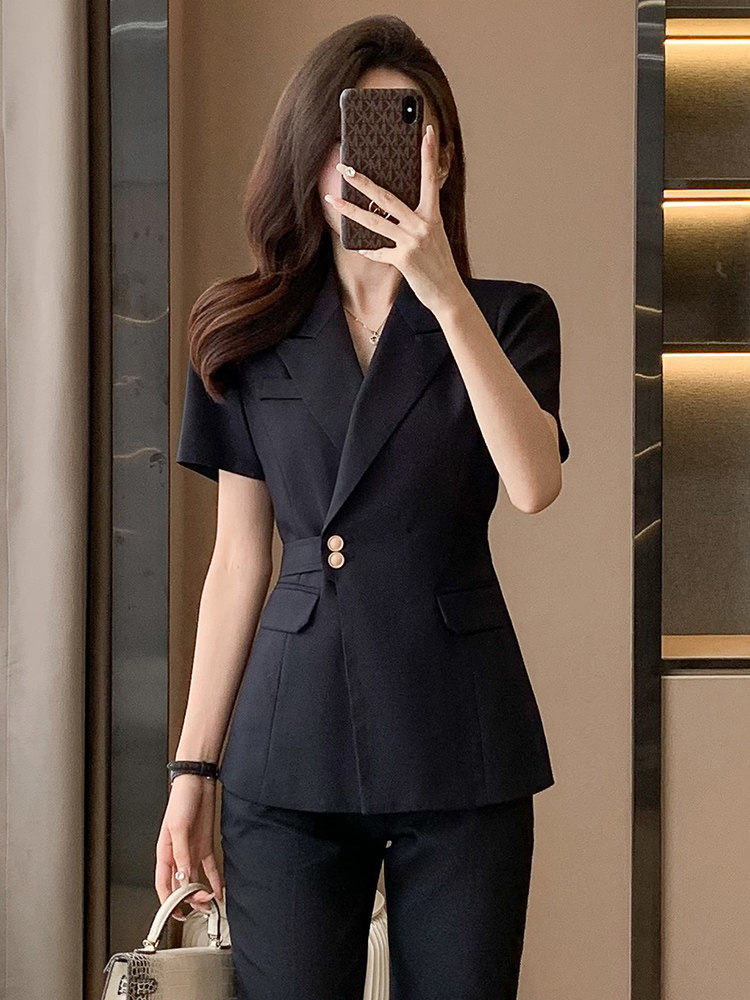 高端短袖西装外套女夏薄款气质名媛高级感职业西服套装酒店工作服