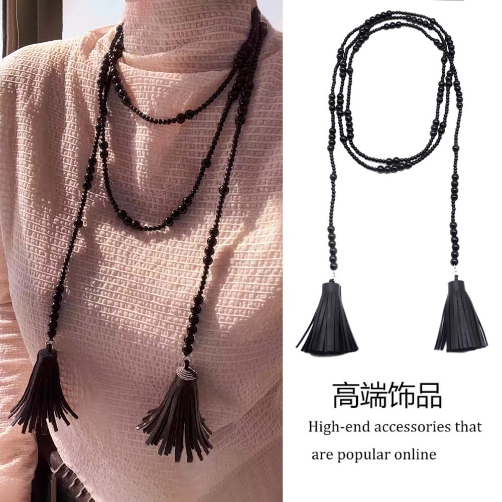 新中式长款黑色串珠锁骨链项链女