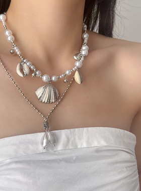 超仙叠戴沙滩贝海螺仿珍珠项链