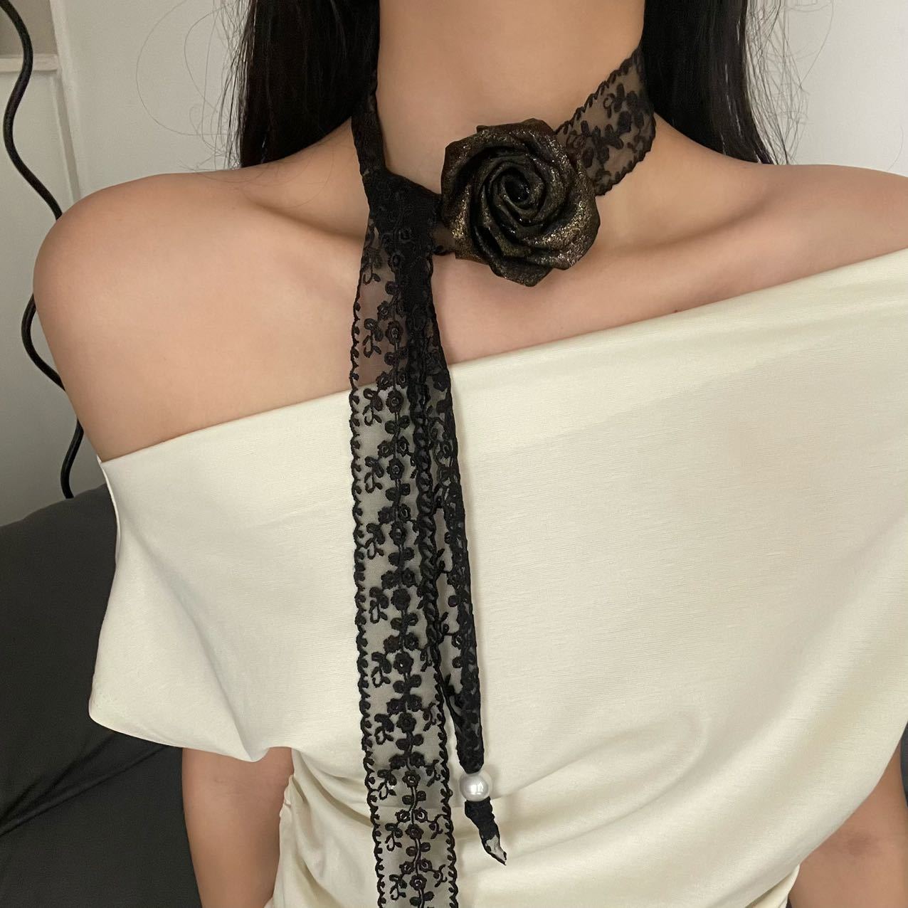 黑蕾丝玫瑰花蝴蝶结系带项圈项链