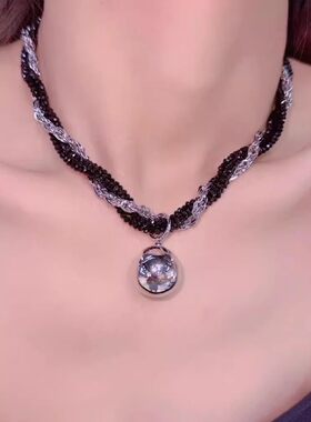 金属球黑色水晶缠绕链条女项链