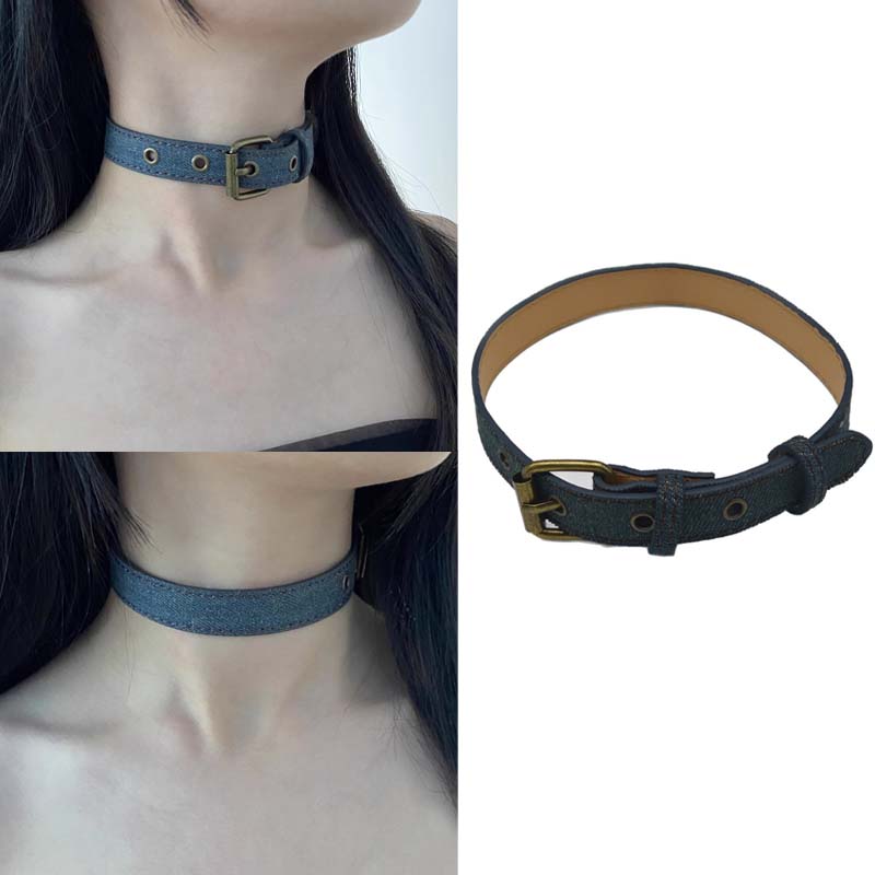 千禧辣妹蓝色牛仔皮带扣choker项圈项链欧美朋克风复古百搭颈链圈