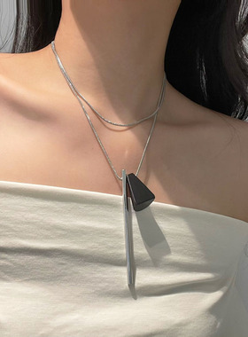 金属几何木质三角形长款项链女