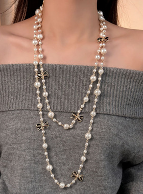 气质长款黑色蝴蝶结珍珠双层项链
